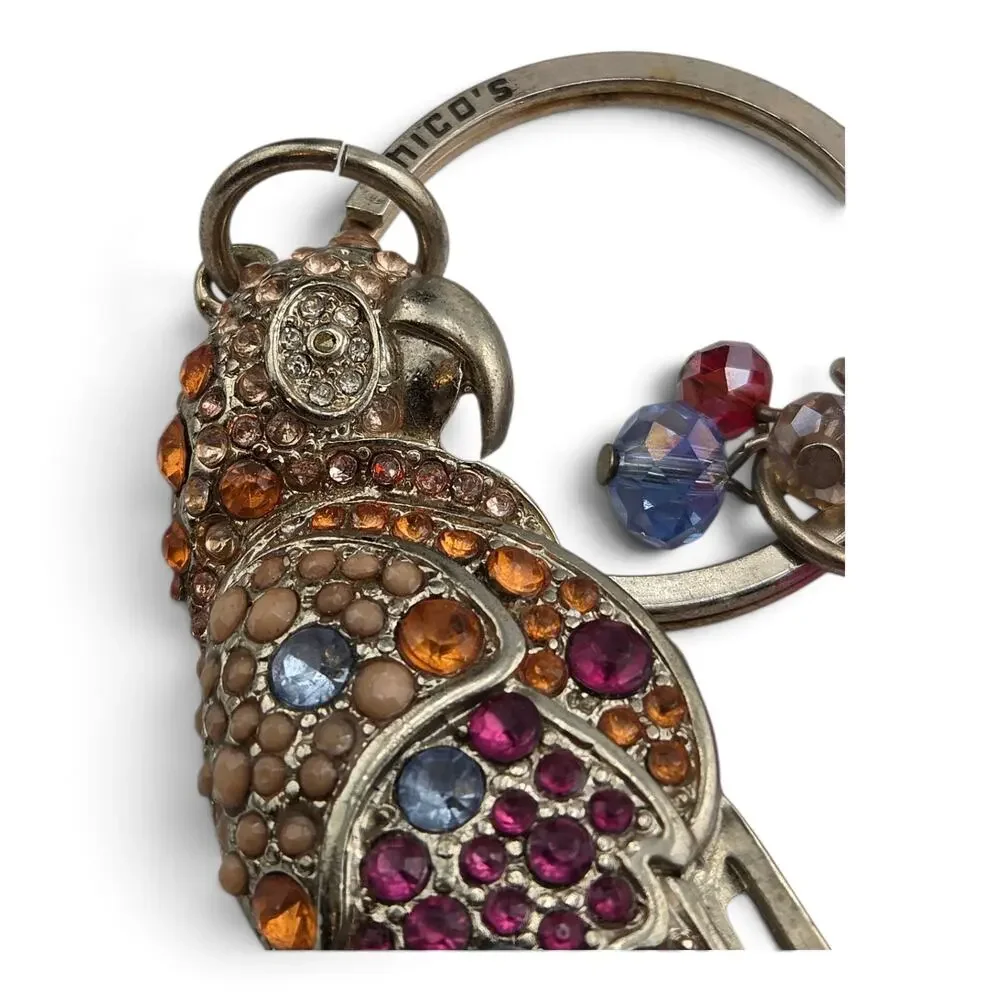 Chico's Parrot Key Ring Rhinestone Bird Beaded Charm Keychain Signed